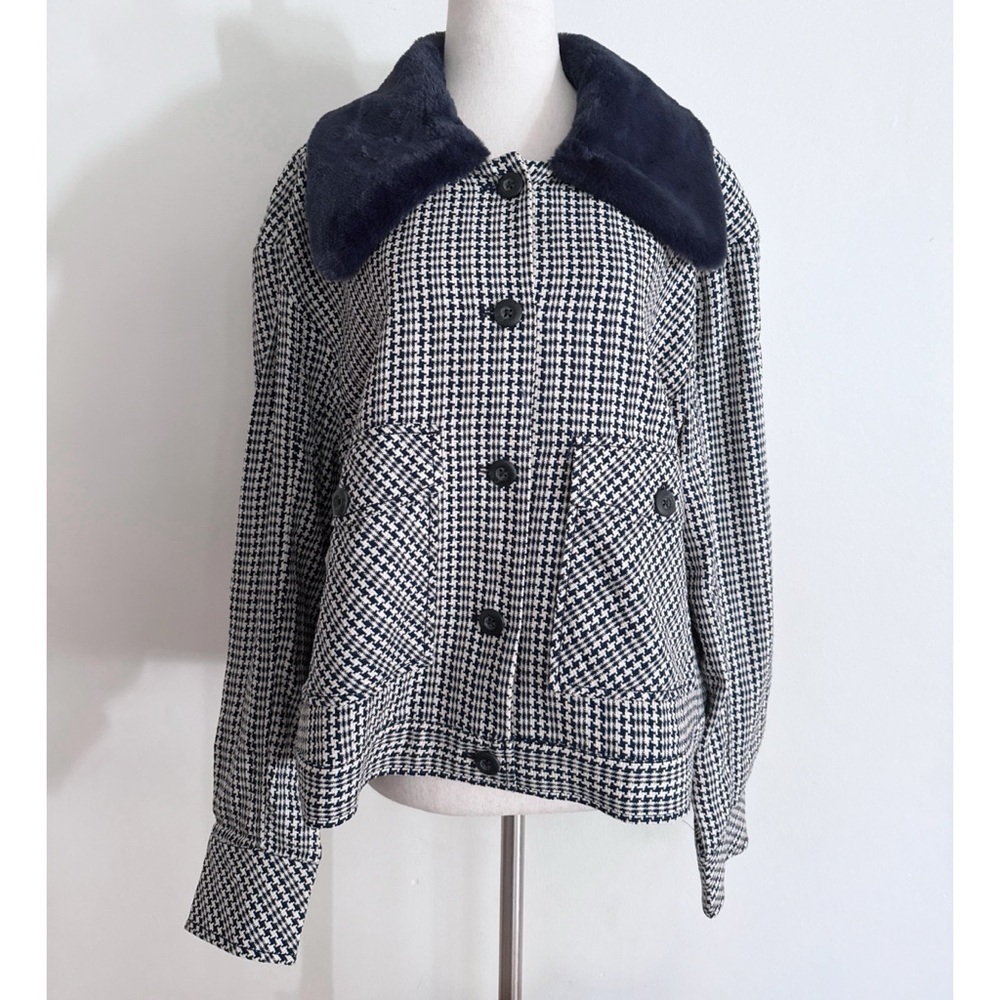 EUC Anthropologie Maeve Tweed Blue Faux Fur-Collar Herringbone Jacket Large - Picture 2 of 10